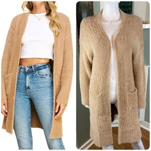 Pinch Fluffy Soft Fuzzy Brushed Beige Tan Sweater Open Cardigan Duster S/M